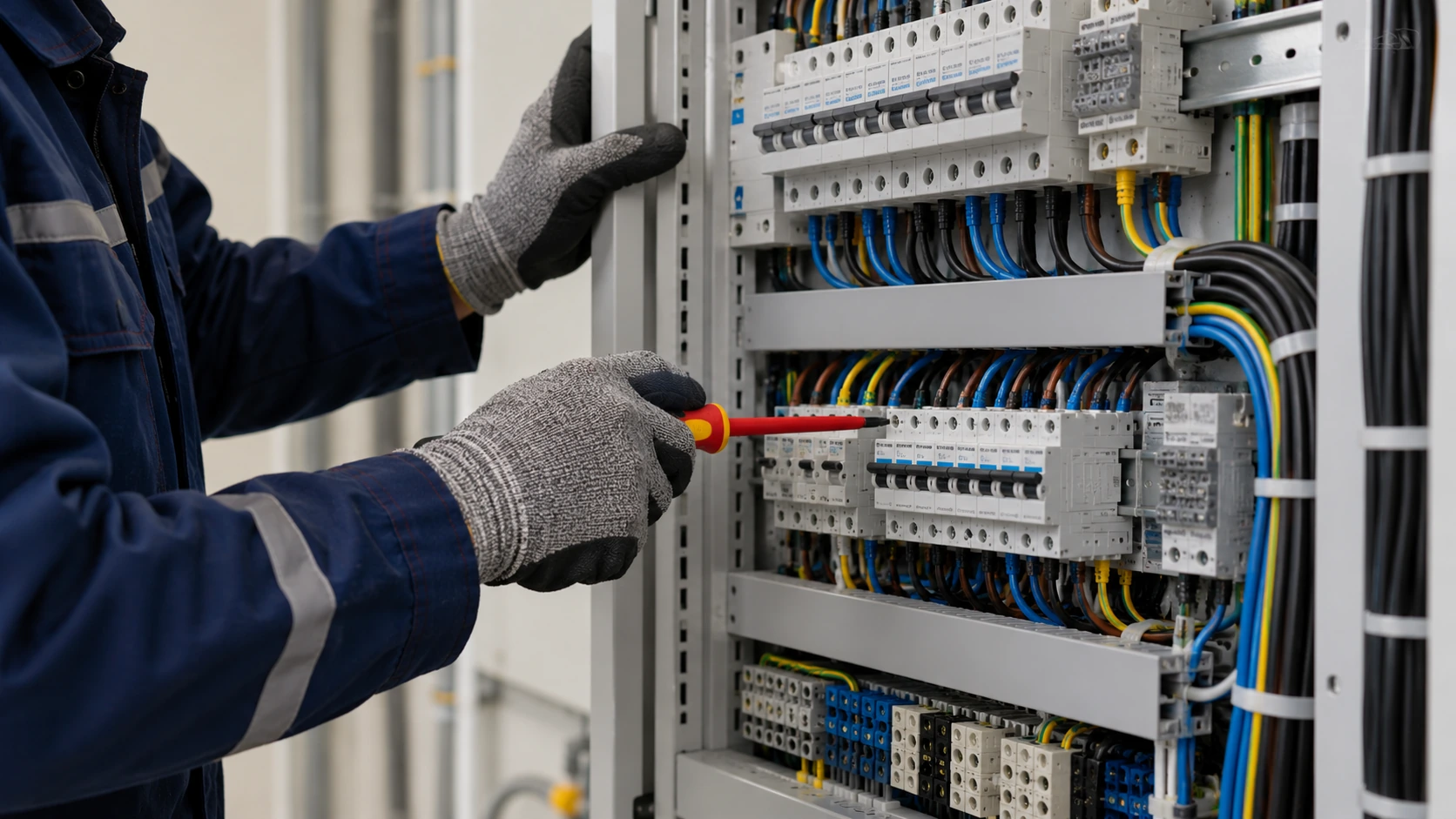 Eldivenli bir teknisyenin elektrik panosundaki sigorta bağlantılarını kontrol etmesi (temsili görsel)